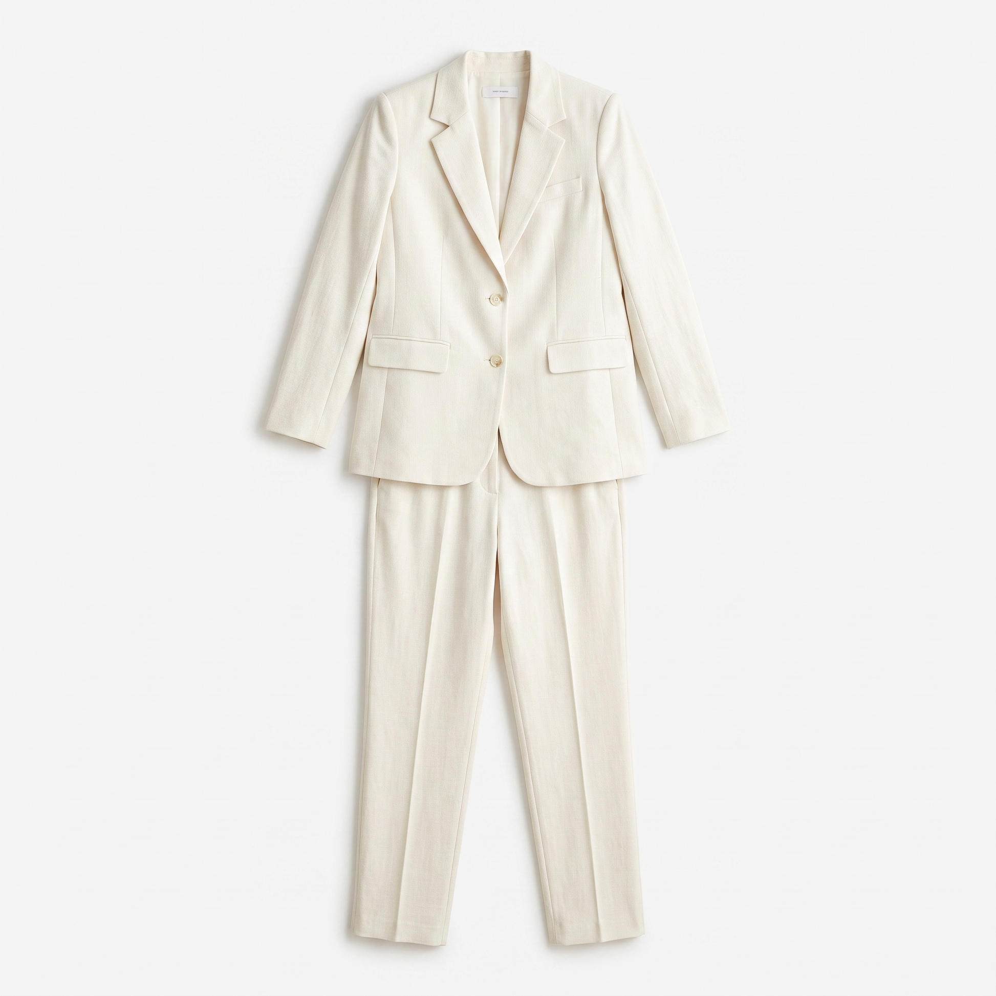 Sunoire womens textured blazer and pants set elegant fitted jacket with straight leg trousers garment flatlay 01