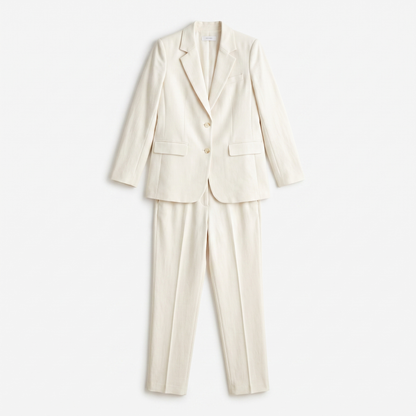 Sunoire womens textured blazer and pants set elegant fitted jacket with straight leg trousers garment flatlay 01