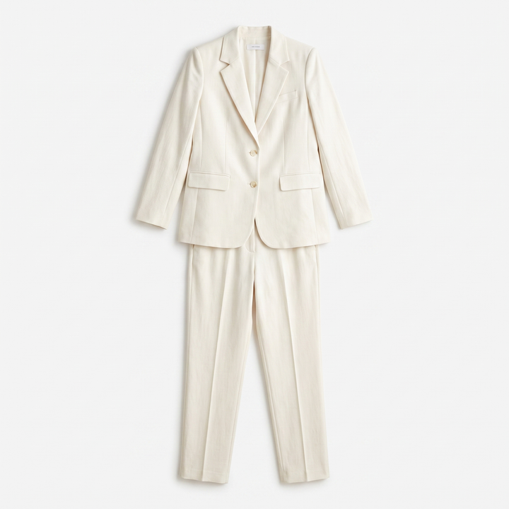 Sunoire womens textured blazer and pants set elegant fitted jacket with straight leg trousers garment flatlay 01