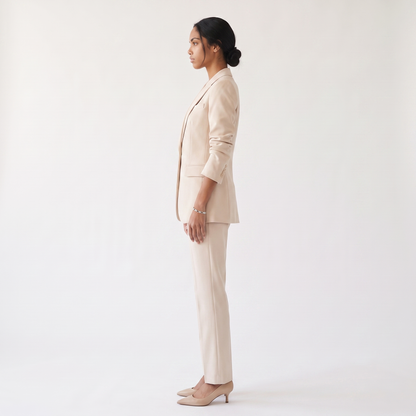 Sunoire womens textured blazer and pants set elegant fitted jacket with straight leg trousers side view 01