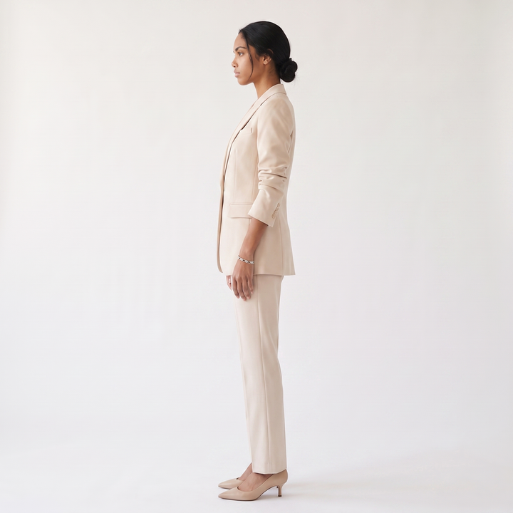 Sunoire womens textured blazer and pants set elegant fitted jacket with straight leg trousers side view 01
