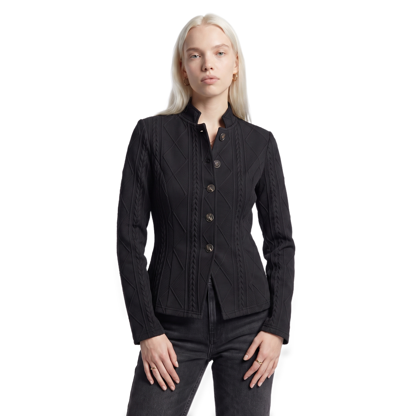 Sunoire womens textured button front structured blazer colorway black front crop 01