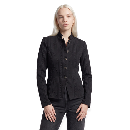 Sunoire womens textured button front structured blazer colorway black front crop 01