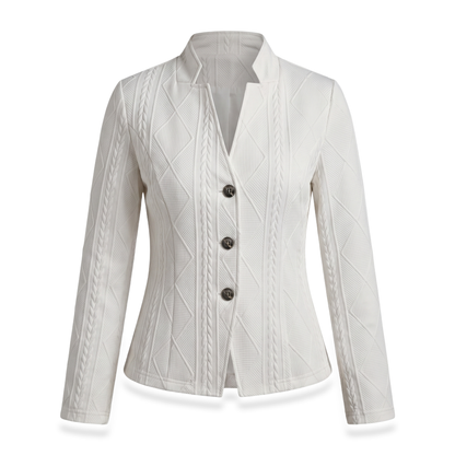 Sunoire womens textured button front structured blazer garment flatlay 01