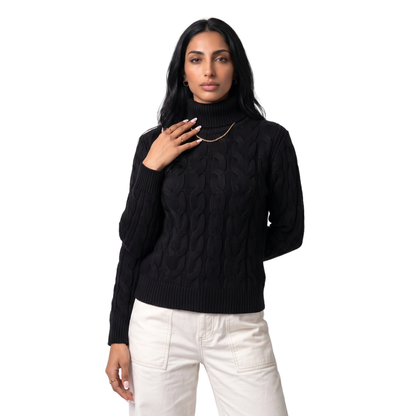 Sunoire Foldover Turtleneck Cable Knit Sweater colorway black front crop