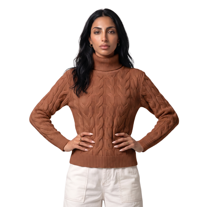 Sunoire Foldover Turtleneck Cable Knit Sweater colorway brown front crop