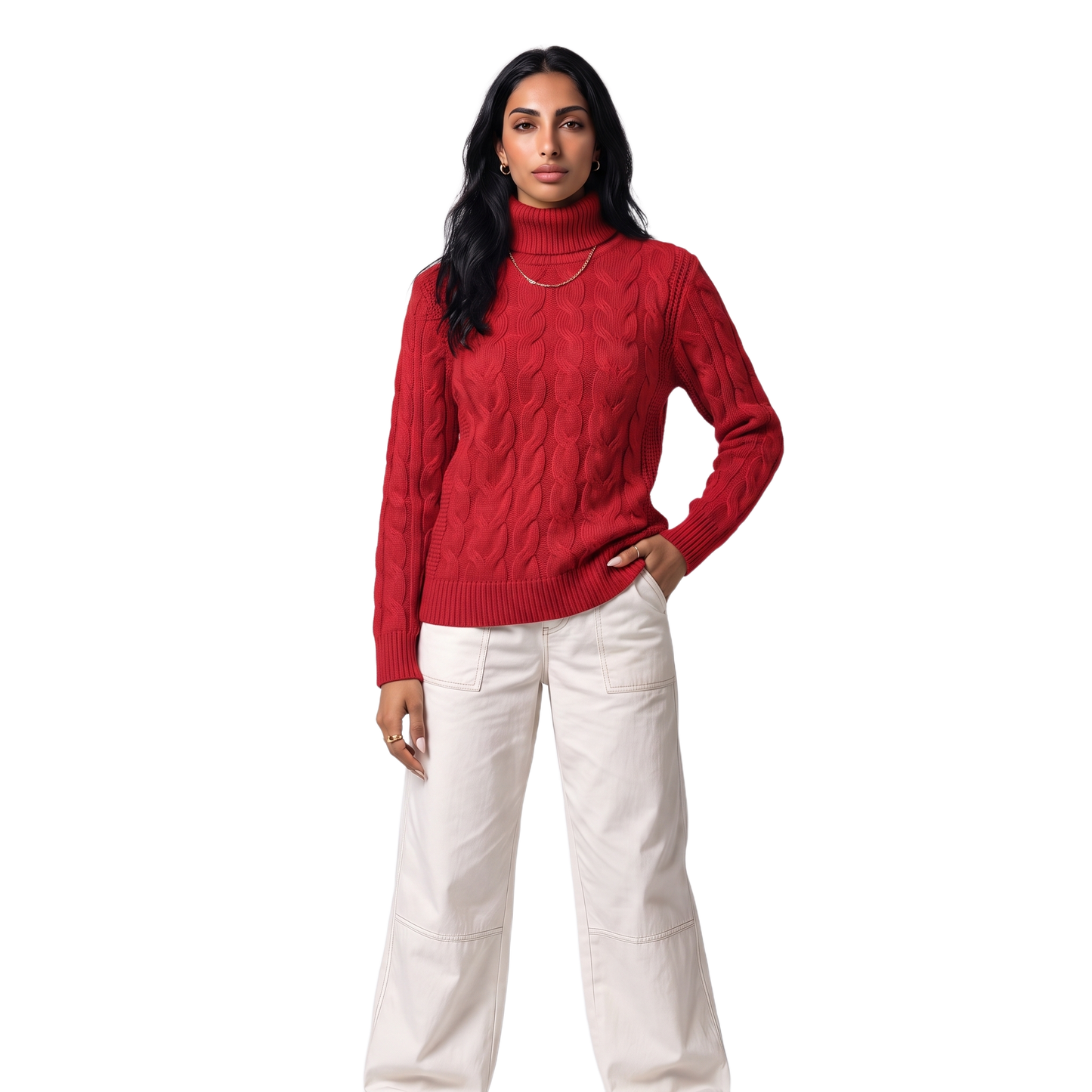 Sunoire Foldover Turtleneck Cable Knit Sweater colorway red front crop