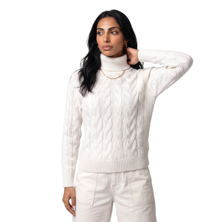 Sunoire Foldover Turtleneck Cable Knit Sweater colorway white front crop