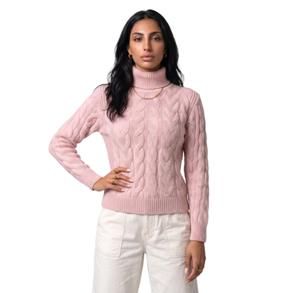 Sunoire Foldover Turtleneck Cable Knit Sweater top alt crop 1