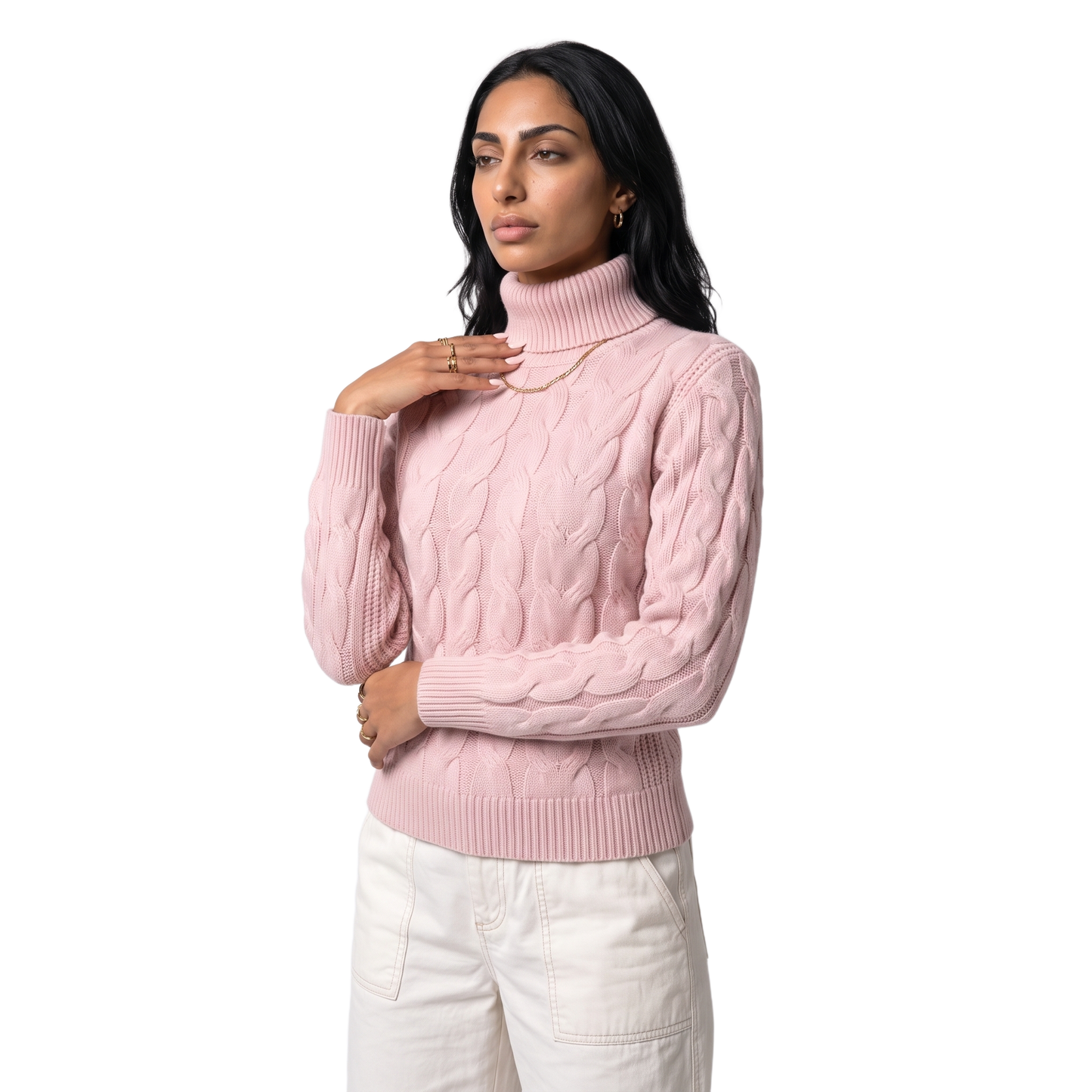 Sunoire Foldover Turtleneck Cable Knit Sweater top crop 3q
