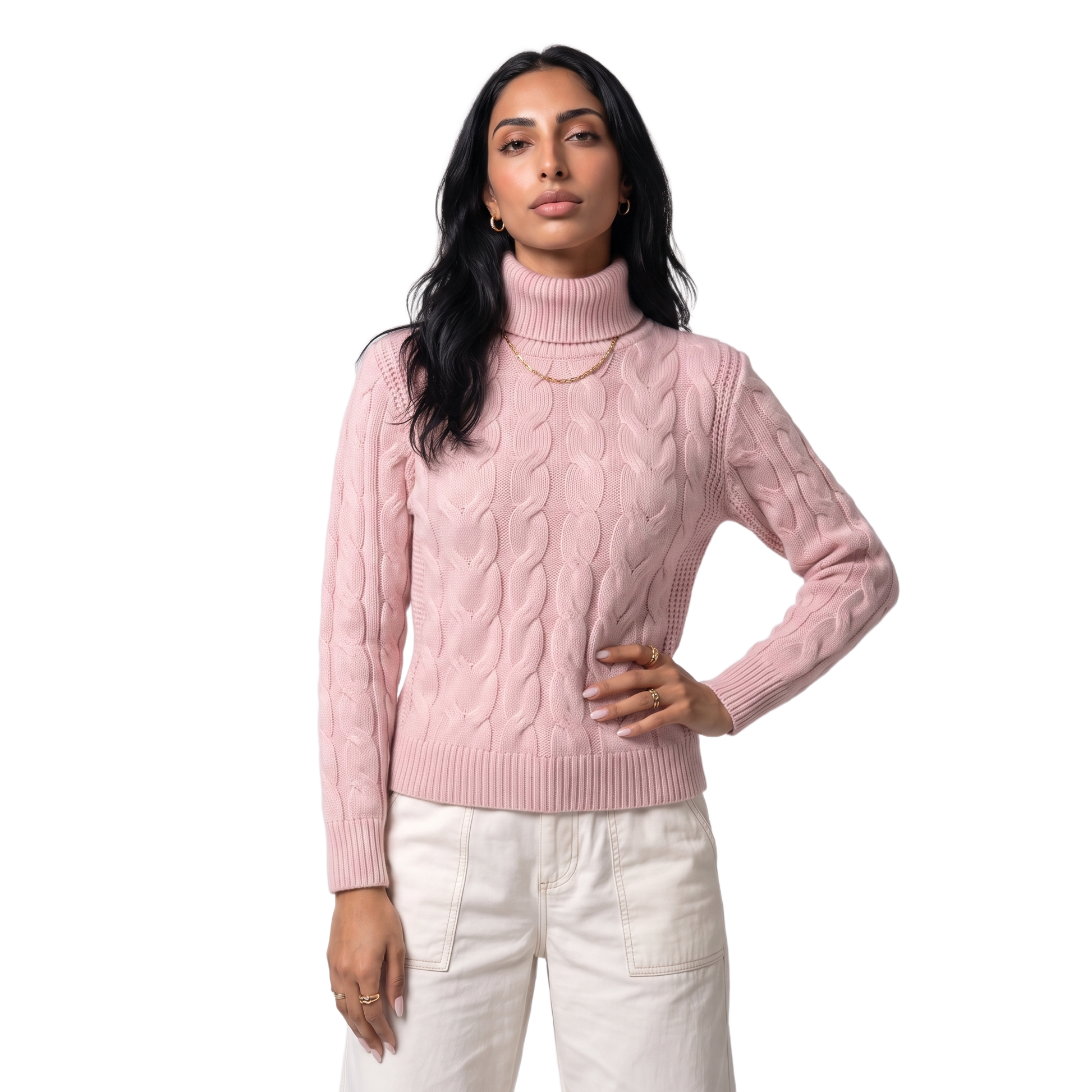 Sunoire Foldover Turtleneck Cable Knit Sweater top front crop