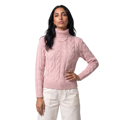 Sunoire Foldover Turtleneck Cable Knit Sweater top front crop