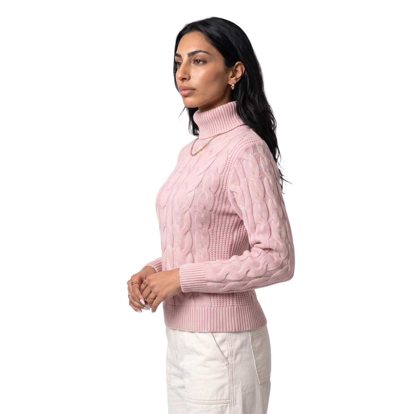 Sunoire Foldover Turtleneck Cable Knit Sweater top side crop
