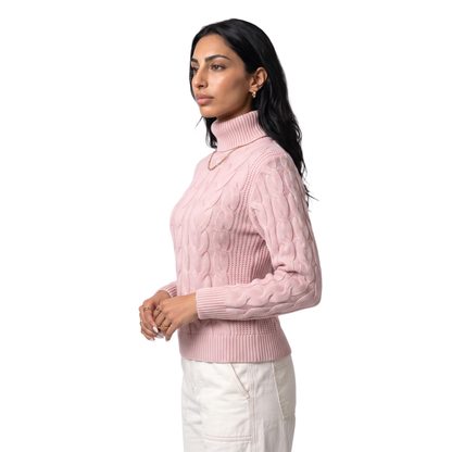 Sunoire Foldover Turtleneck Cable Knit Sweater top side crop