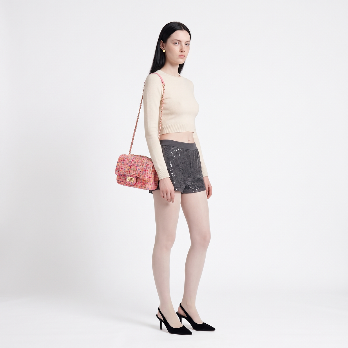 Women's Tweed Chain Flap Shoulder Bag, worn by a model