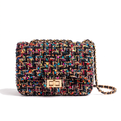 Women's Tweed Chain Flap Shoulder Bag in Black