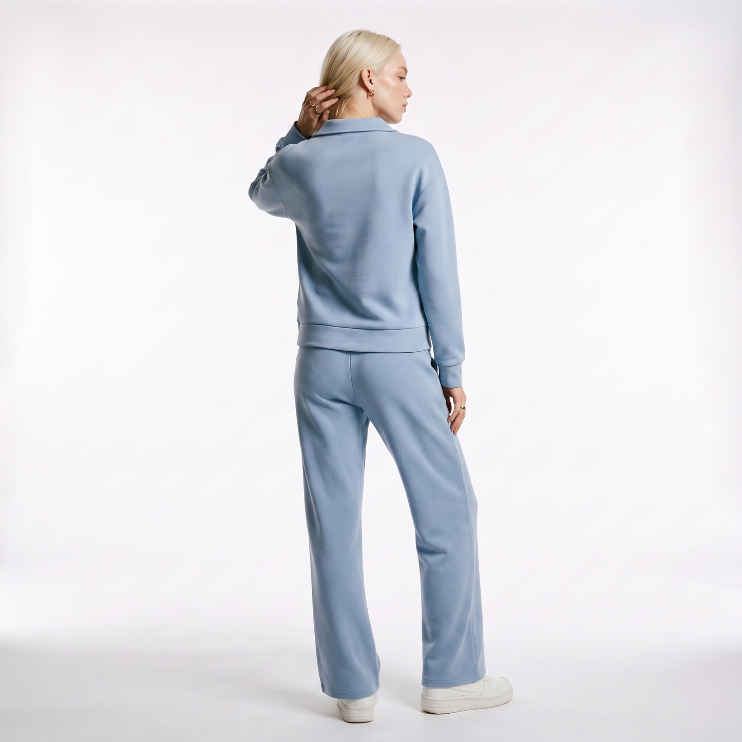Sunoire womens two piece set with v neck top and drawstring trousers back view 01