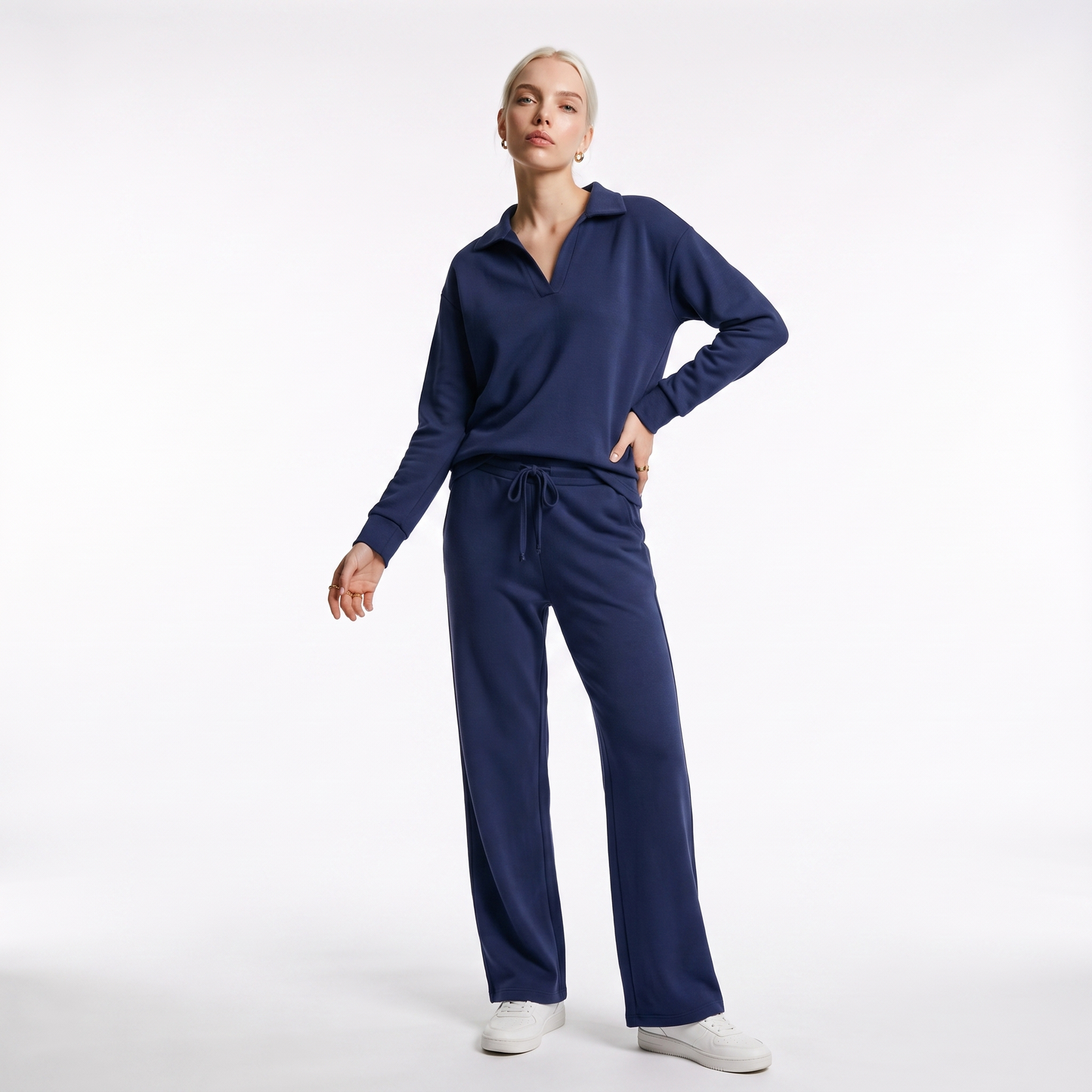 Sunoire womens two piece set with v neck top and drawstring trousers colorway dark blue front hero 01