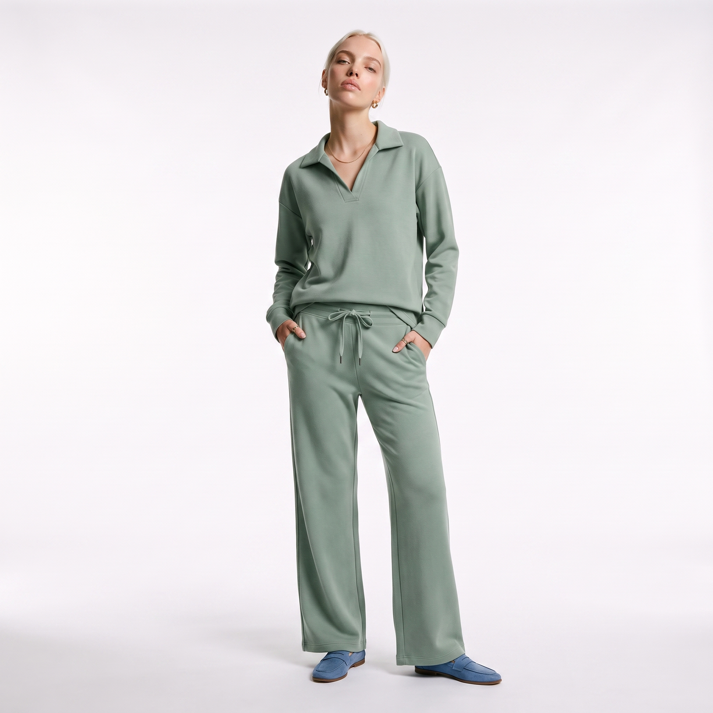 Sunoire womens two piece set with v neck top and drawstring trousers colorway green front hero 01