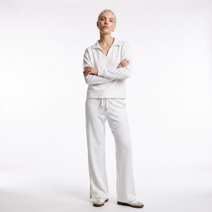 Sunoire womens two piece set with v neck top and drawstring trousers colorway white front hero 01