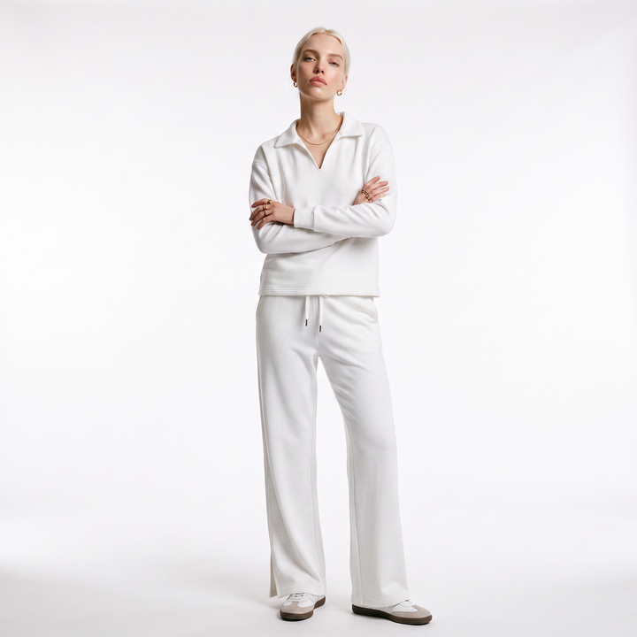Women's Drawstring V-Neck Set – Light Blue Everyday Casual — White