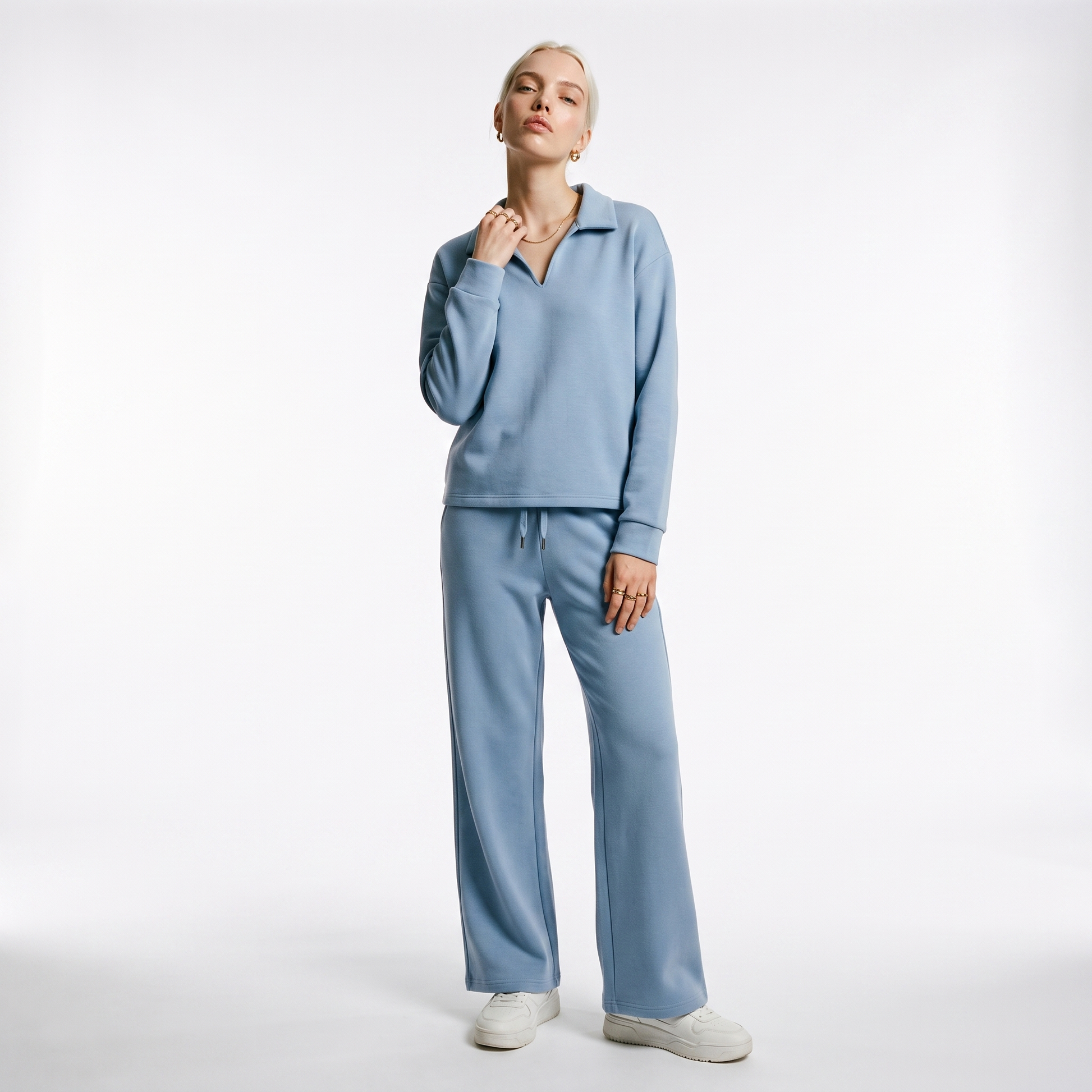 Sunoire womens two piece set with v neck top and drawstring trousers front hero 01