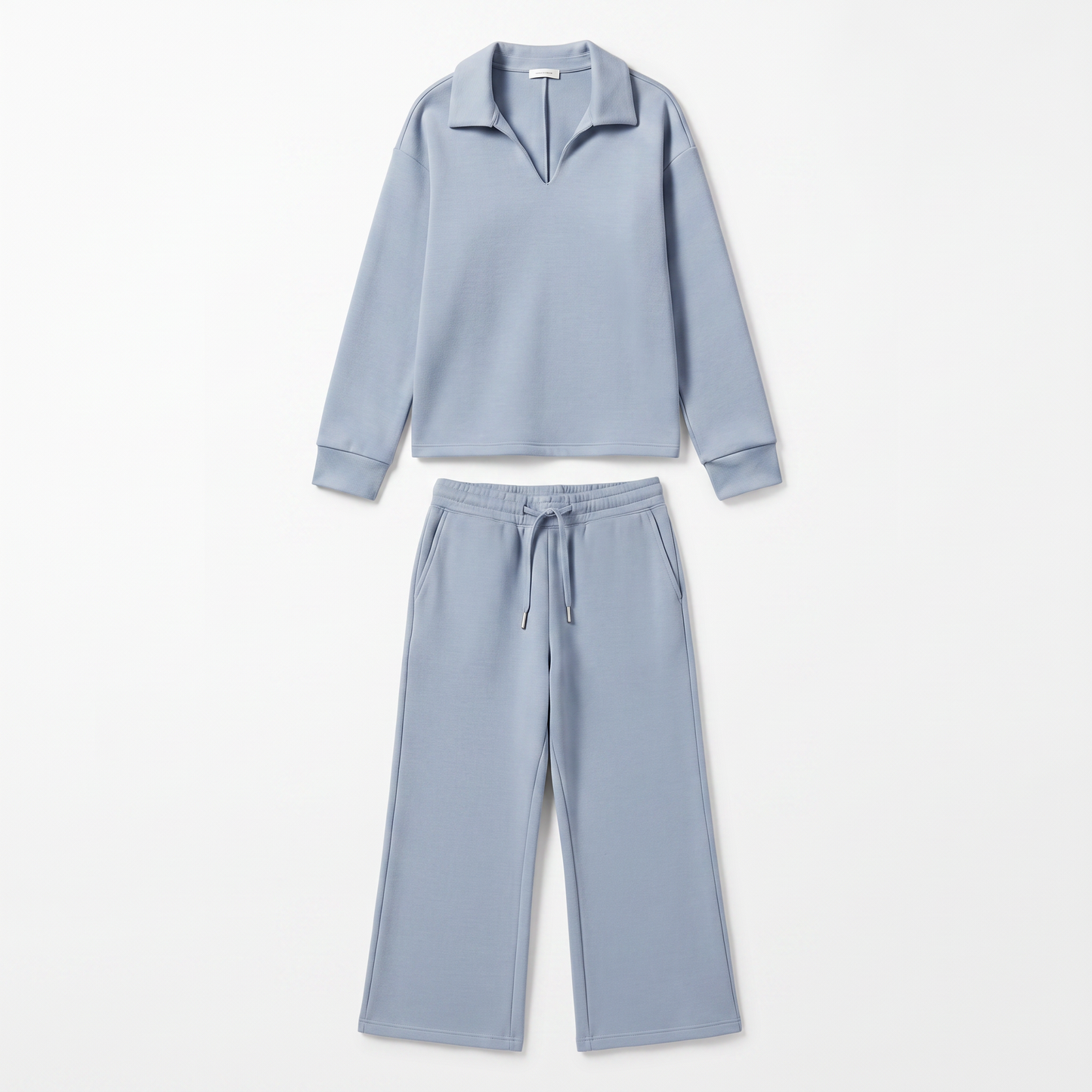 Sunoire womens two piece set with v neck top and drawstring trousers garment flatlay 01