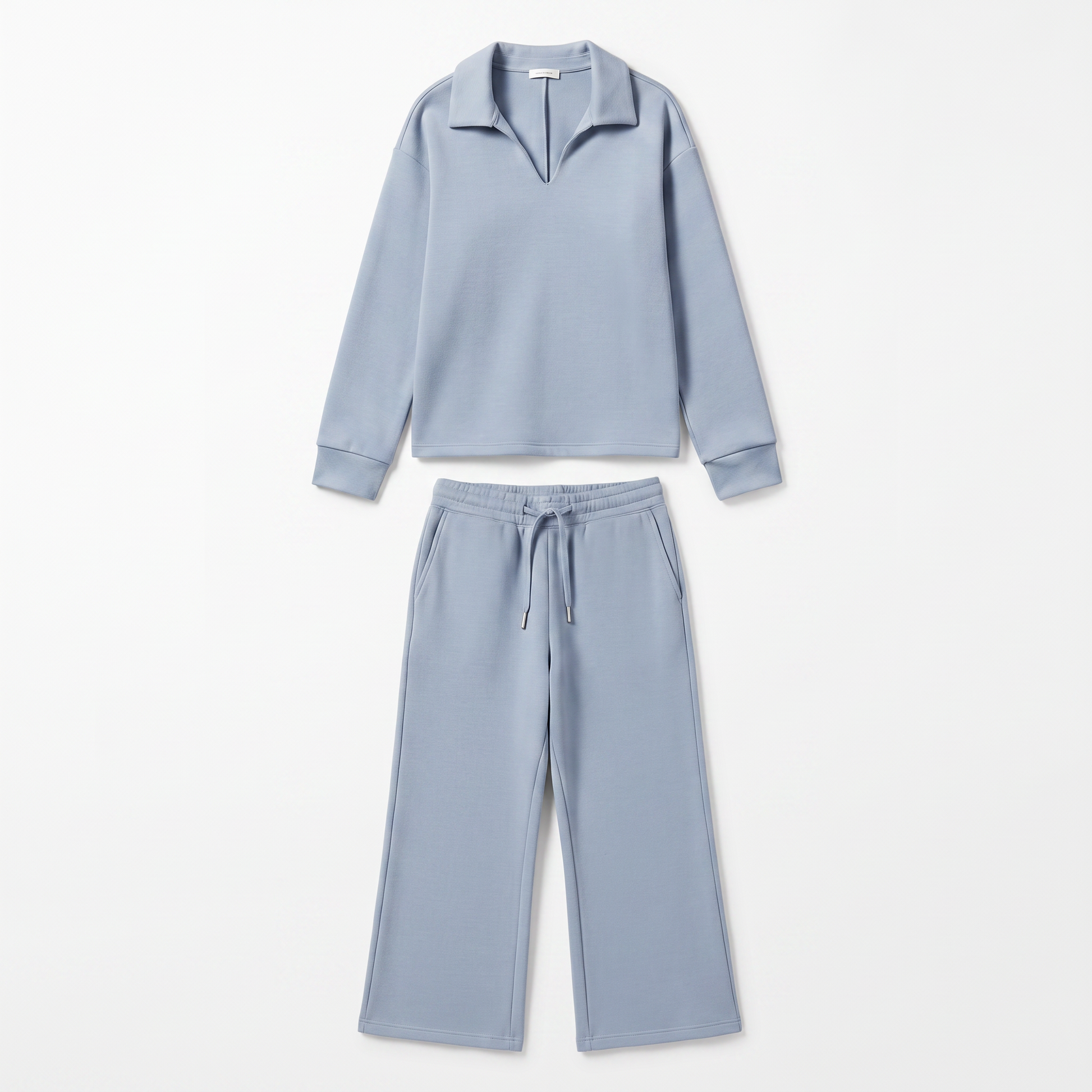 Sunoire womens two piece set with v neck top and drawstring trousers garment flatlay 01