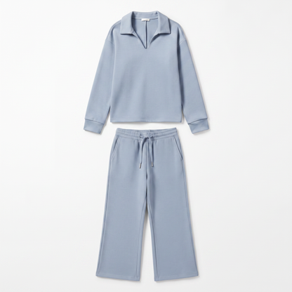 Sunoire womens two piece set with v neck top and drawstring trousers garment flatlay 01