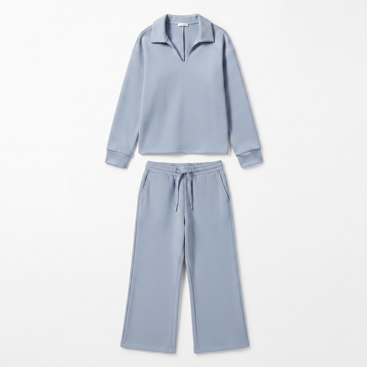 Sunoire womens two piece set with v neck top and drawstring trousers garment flatlay 01