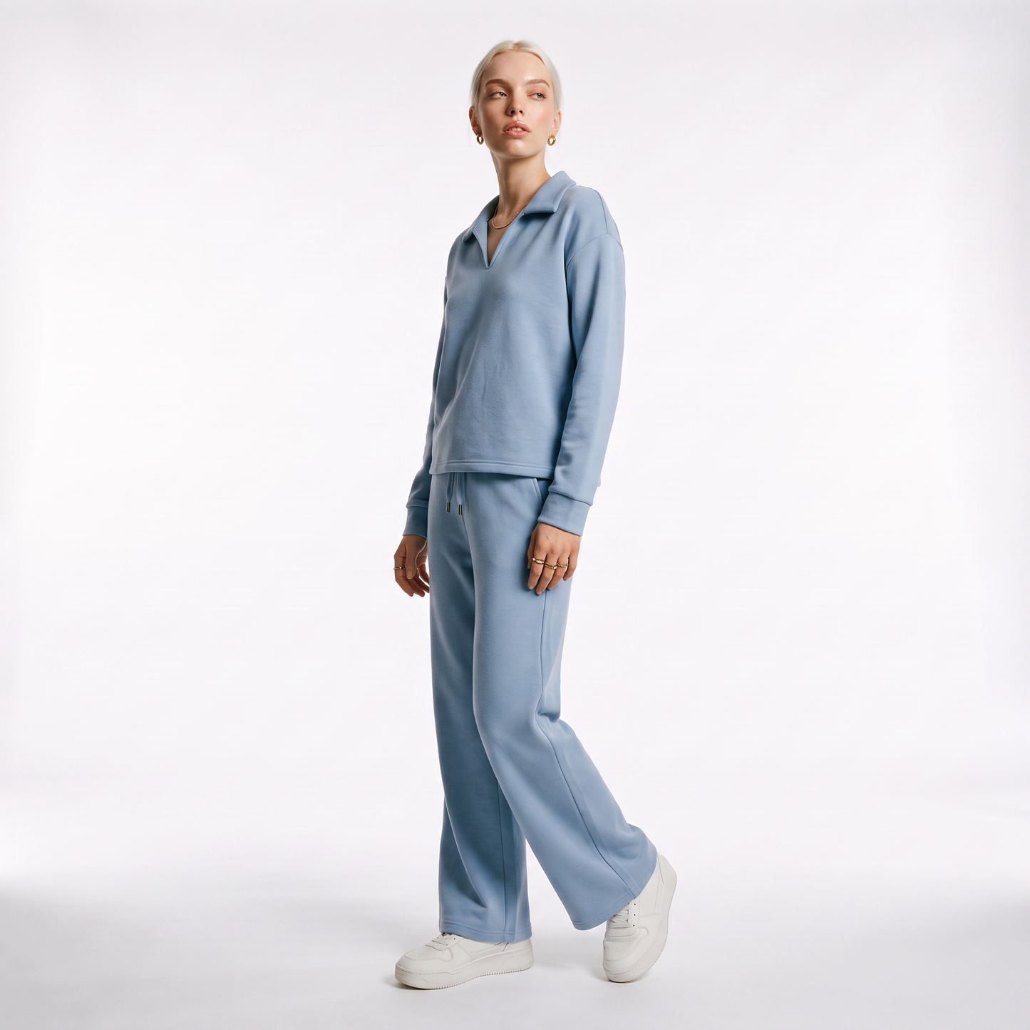 Sunoire womens two piece set with v neck top and drawstring trousers three quarter 01