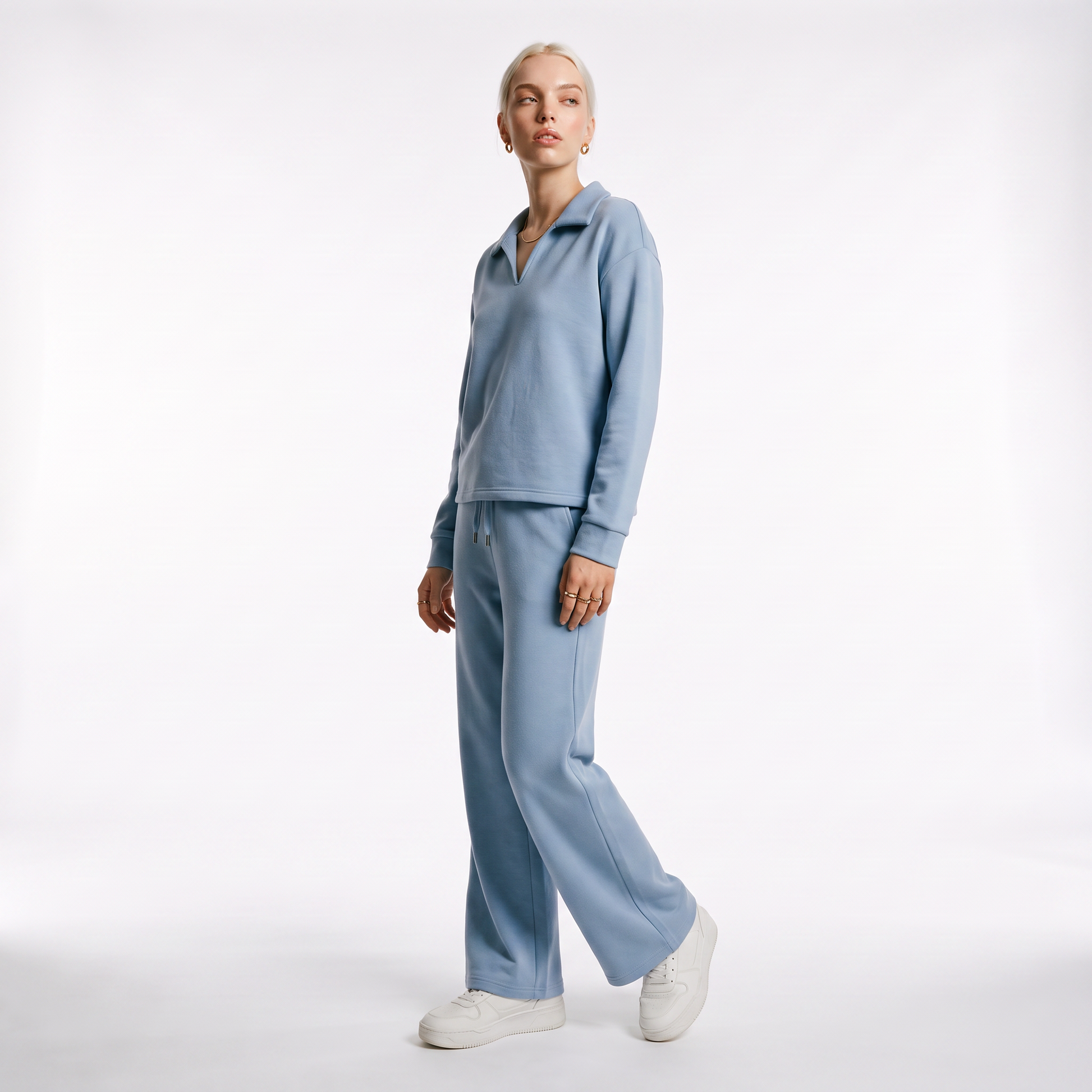 Sunoire womens two piece set with v neck top and drawstring trousers three quarter 01