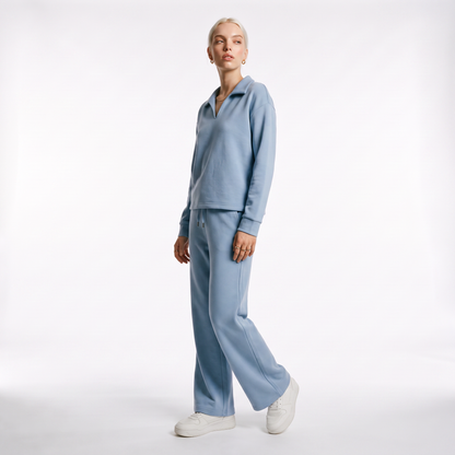 Sunoire womens two piece set with v neck top and drawstring trousers three quarter 01
