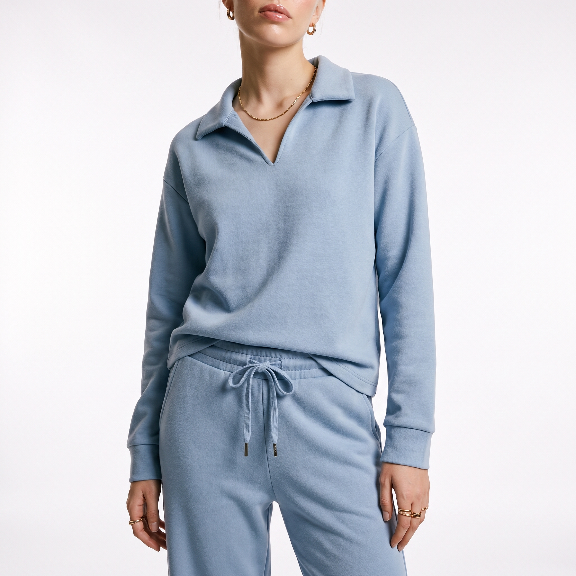 Sunoire womens two piece set with v neck top and drawstring trousers torso crop 01