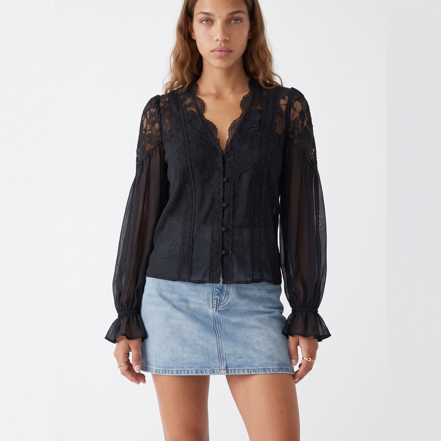 Sunoire womens v neck lantern sleeve blouse colorway black front crop 01