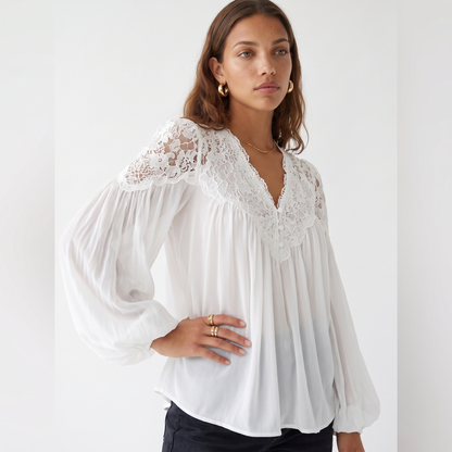 Sunoire womens v neck lantern sleeve blouse top detail 01