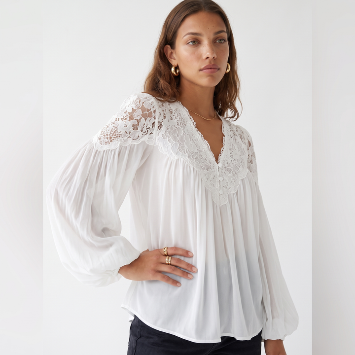 Sunoire womens v neck lantern sleeve blouse top detail 01