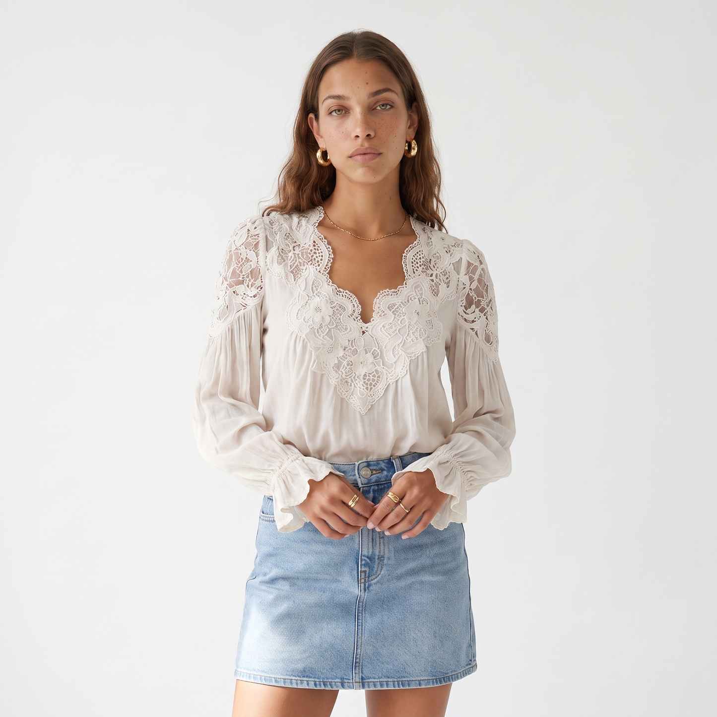 Sunoire womens v neck lantern sleeve blouse top front crop 01