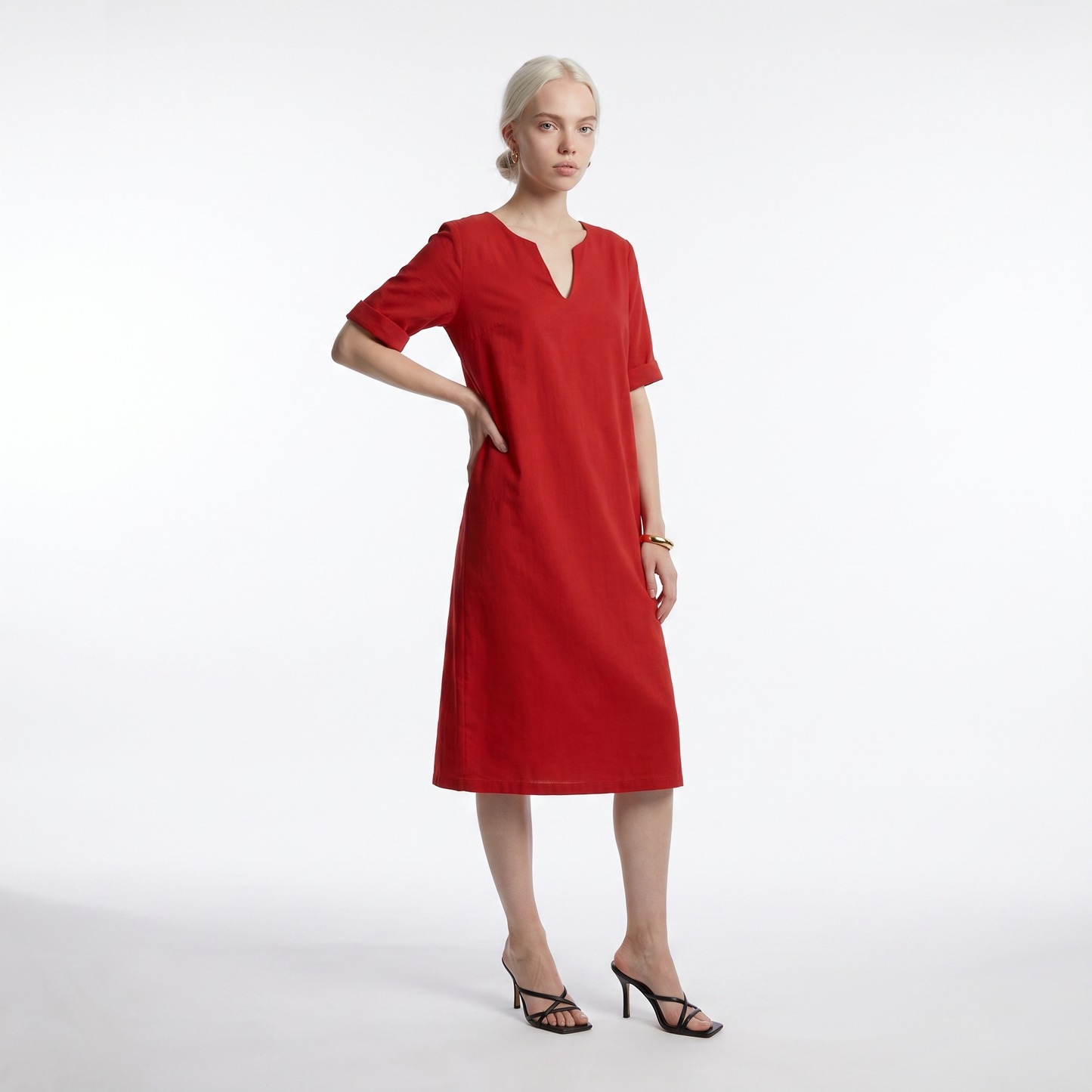 Sunoire womens v neck short sleeve cotton midi dress casual everyday summer dress front hero 01
