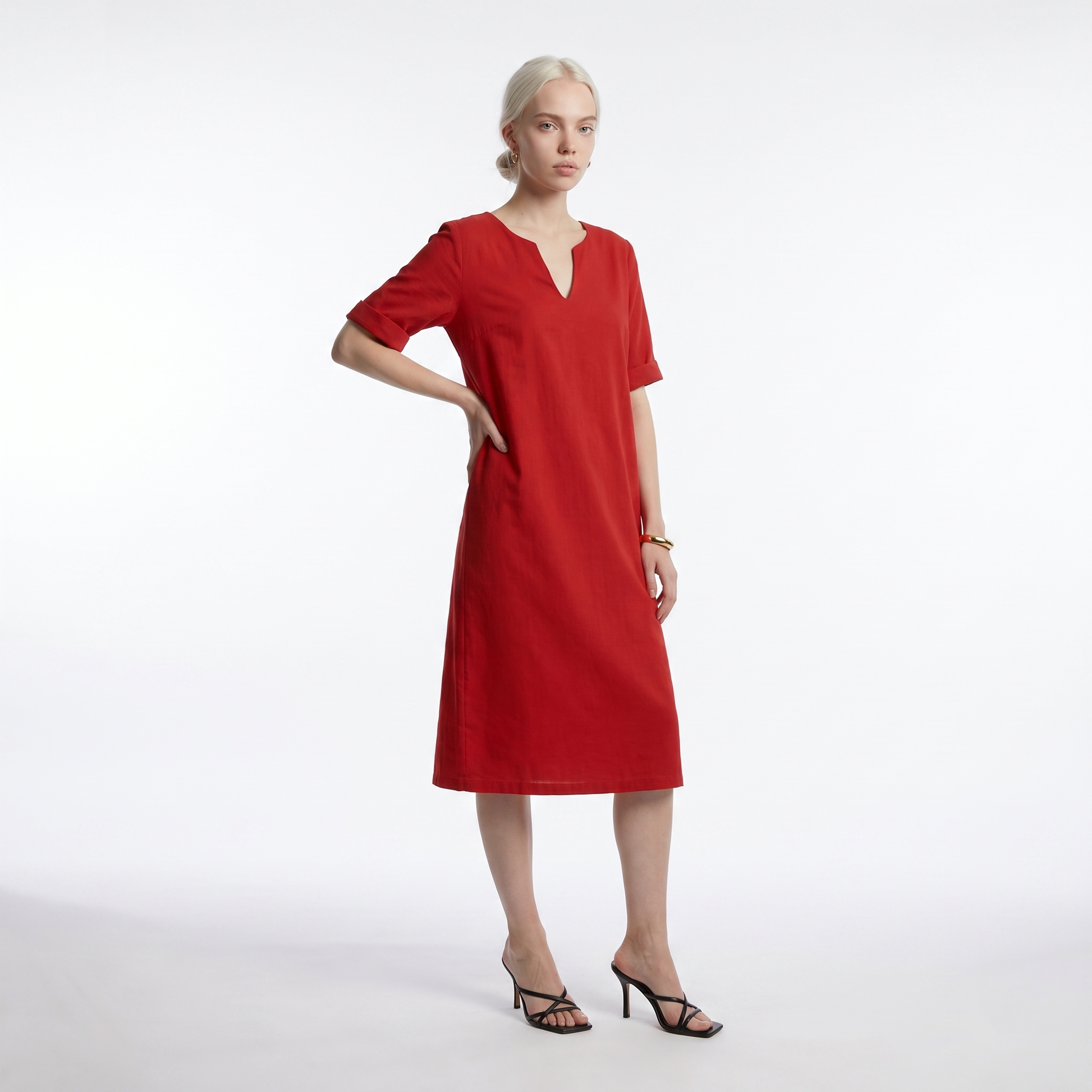 Sunoire womens v neck short sleeve cotton midi dress casual everyday summer dress front hero 01