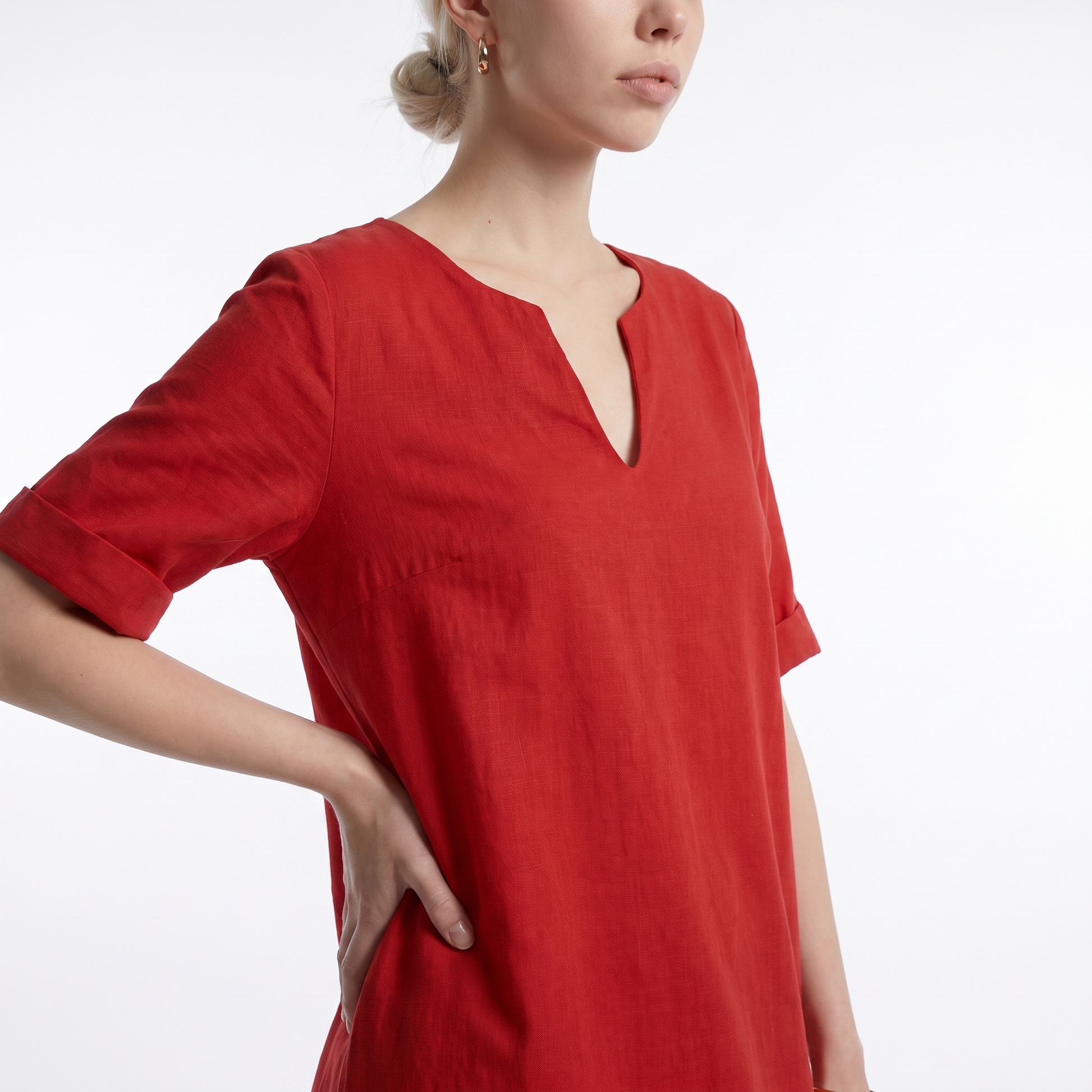 Sunoire womens v neck short sleeve cotton midi dress casual everyday summer dress worn detail 01