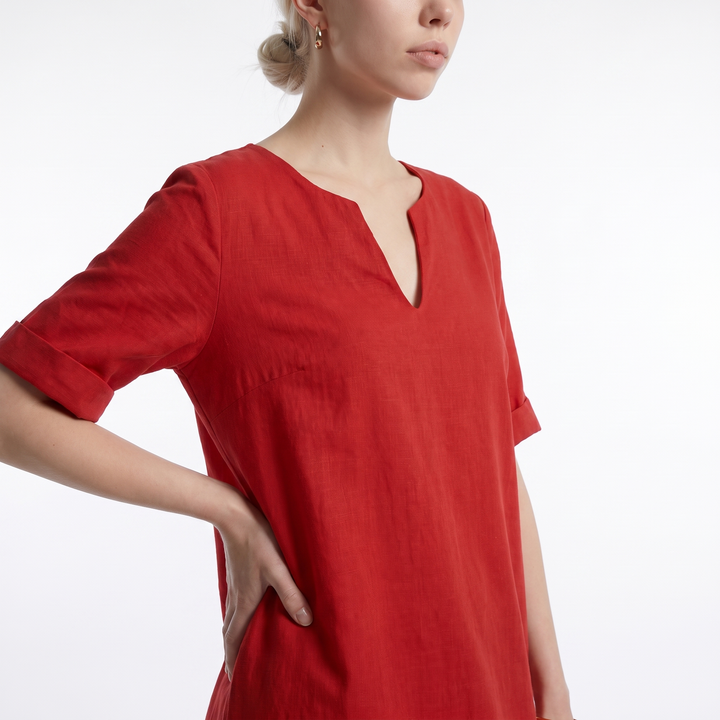 Sunoire womens v neck short sleeve cotton midi dress casual everyday summer dress worn detail 01