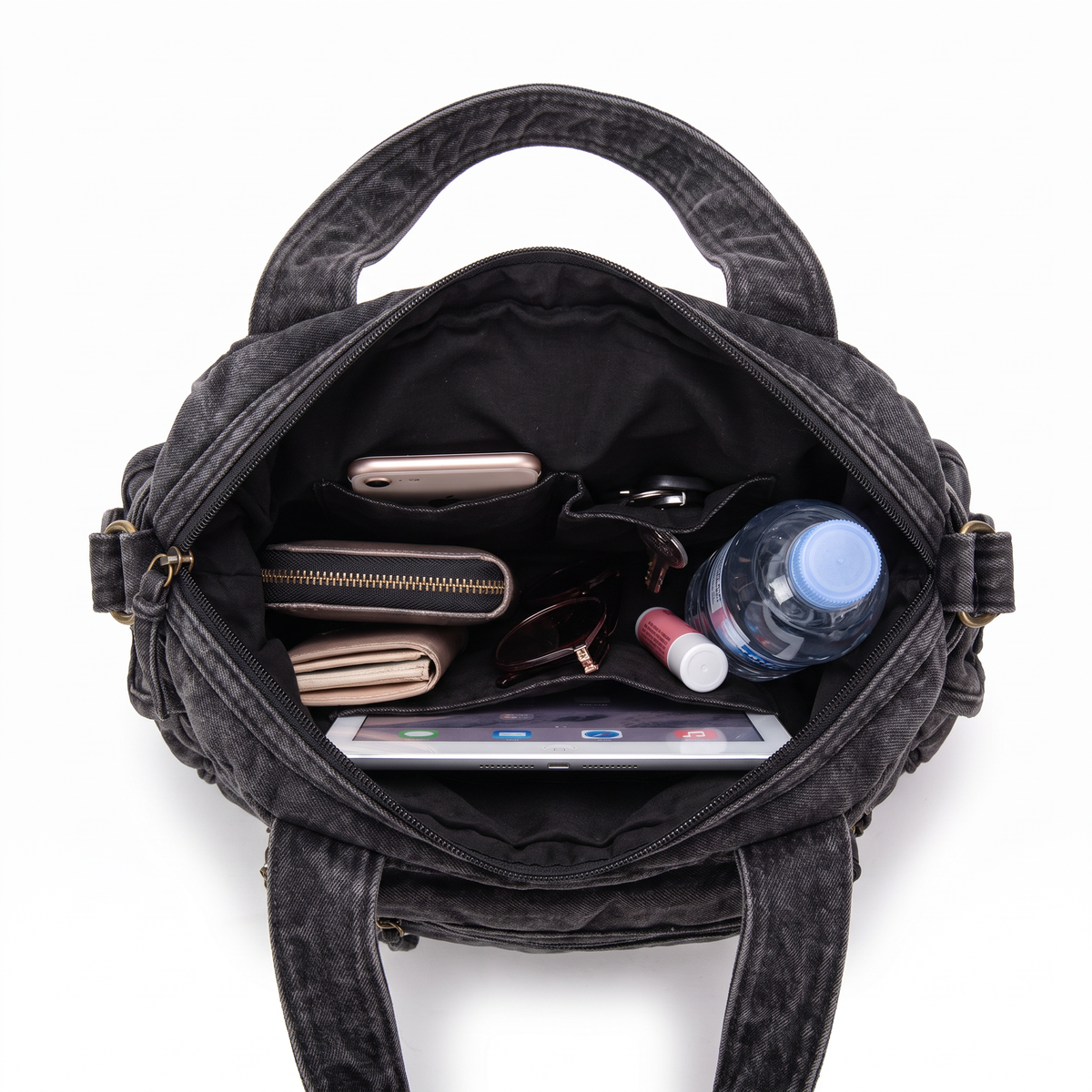 Women's Washed Denim Shoulder Bag, interior