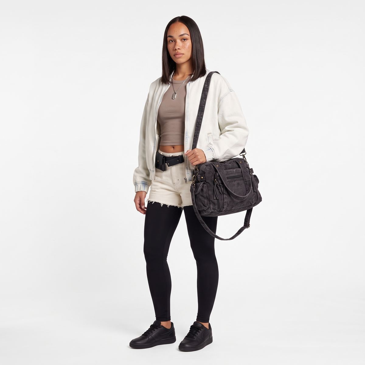 Women's Washed Denim Shoulder Bag, worn by a model