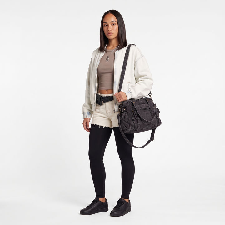 Women's Washed Denim Shoulder Bag, worn by a model