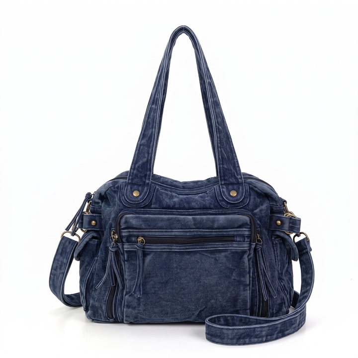 Women's Washed Denim Shoulder Bag, Washed Black Y2K Multi Pocket Bag — Indigo