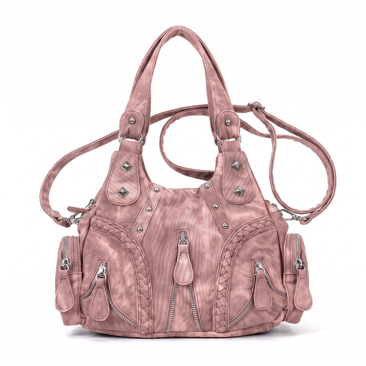 Women's Washed Denim Hobo Bag in Dusty Pink