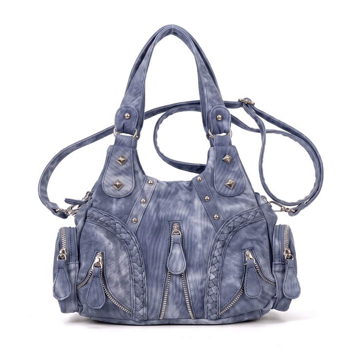 Women's Washed Denim Hobo Bag, Stone Grey Studded Multi Pocket Shoulder Bag — Washed Blue