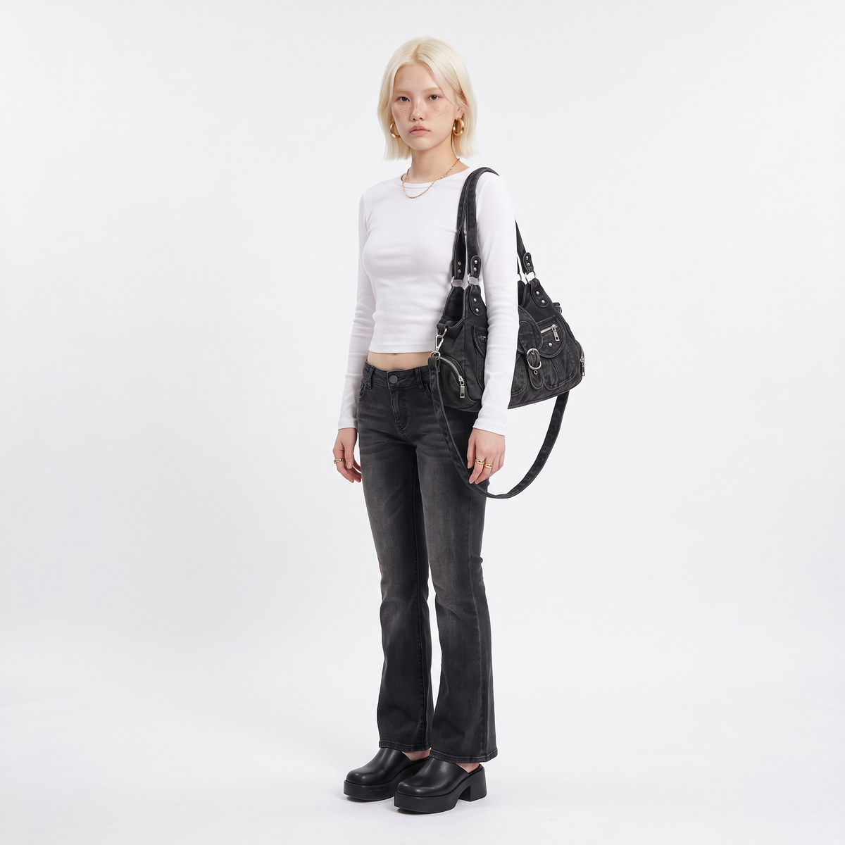 Women's Washed Denim Shoulder Bag, worn by a model