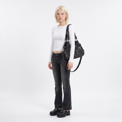 Women's Washed Denim Shoulder Bag, worn by a model